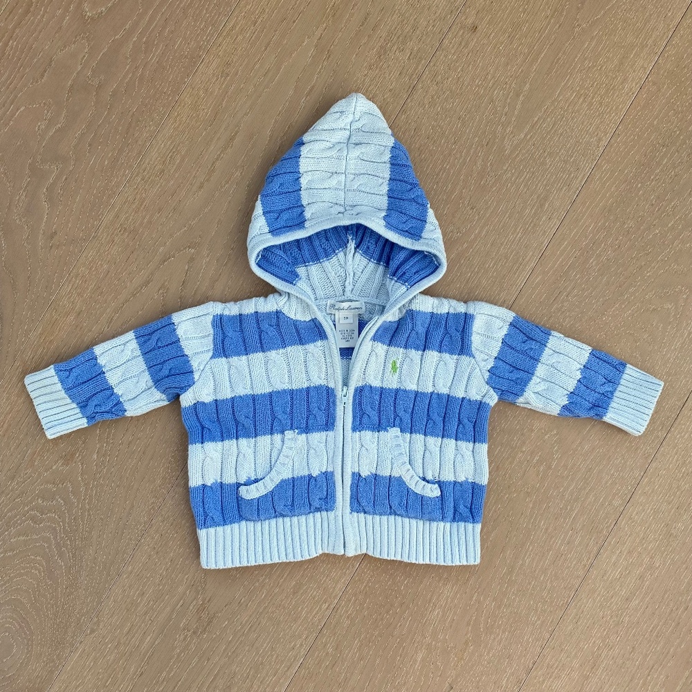 Ralph Lauren Cable-Knit Cotton Sweater Hoodie, Size 9M